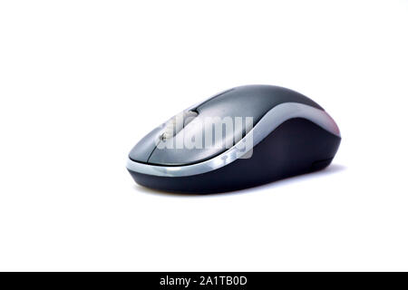Grey wireless mouse on white surface Stock Photo
