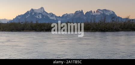 Panorama view of the Paine Massif from the rio Serrano area. Stock Photo