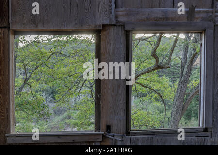 Nature view through English Camp Barn. Old  barn used in Mercury Mining at Almaden Quicksilver County Park. Stock Photo
