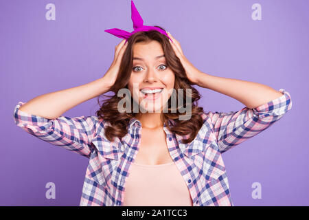 Portrait of nice cheerful astonished stunned sweet lovely attrac Stock Photo