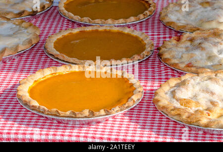 Delicious fall pies are for sale at a farmer's market, pumpkin pie, apple pie and other fall favorites Stock Photo