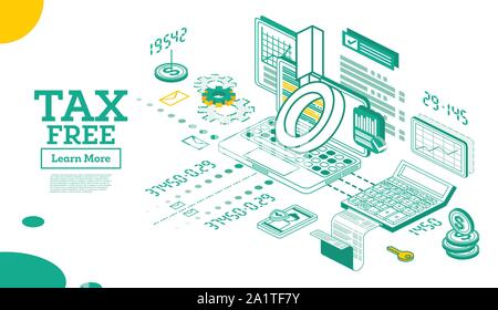 Tax Free Concept in Isometric 3d Style. Vector Illustration. Notebook with Loupe and Calculator Isolated on White. Tax Form and Chart. Stock Vector