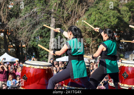 Montevideo, Uruguay. 28th Sep, 2019. Members of Montevideo Taiko seen playing drums during the Japan Fest 2019 in Montevideo.Every year, the Japanese Embassy in Uruguay organizes the Japan festival with the idea of making Japanese culture known in Uruguay, the Japan Festival shows martial arts, gastronomy, dance, music and floriculture to the Uruguayan people. Credit: SOPA Images Limited/Alamy Live News Stock Photo