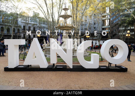 Montevideo, Uruguay. 28th Sep, 2019. Singboard of Montevideo Tango in the Matriz square in Montevideo. Credit: SOPA Images Limited/Alamy Live News Stock Photo