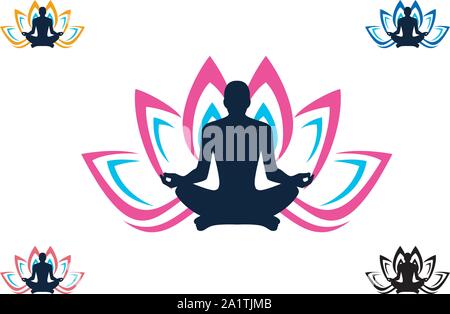 Yoga Logo Template, Lotus flower logo with human silhouette, Yoga logo vector emblem, Yoga pose vector logo design template. Beauty, Spa, Relax, Stock Vector