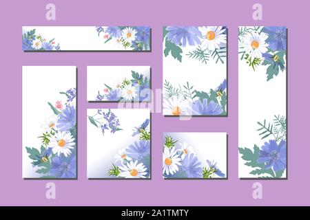 Floral templates with blue and white flowers.  Stock Vector