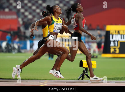 Doha, Qatar. 28th Sep, 2019. Halimah Nakaayi (Rear L) of Uganda competes with Natoya Goule (front) of Jamaica the women's 800m semifinal at the 2019 IAAF World Championships in Doha, Qatar, Sept. 28, 2019. Credit: Wang Lili/Xinhua/Alamy Live News Stock Photo