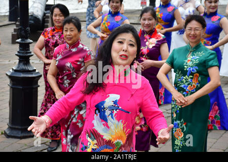 London, UK. 28th Sep, 2019. Chinese Soprano 王蓓蓓,Wang Beibei sings 我和我的祖国,Me and my country to celebration of the 70th China National Day 2019 and a Chinese 'Qipao' flash mob, London, 28 September 2019, UK. Credit: Picture Capital/Alamy Live News Stock Photo