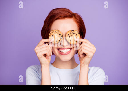 Close up portrait of stylish beautiful pretty cheer cute she her Stock Photo