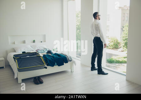 Full length body size side profile photo of attractive handsome Stock Photo