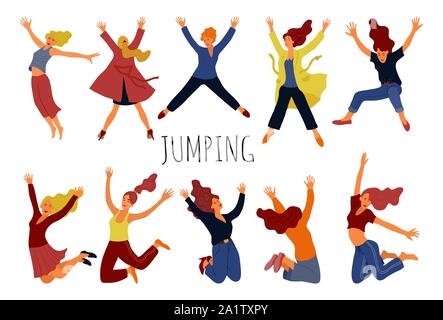 Group of young happy jumping womans isolated on white. Smiling females with raised hands and positive emotions. Vector illustration in flat hand draw Stock Vector