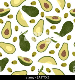 Vector seamless pattern with colorful avocado - half, slice, whole and sliced . Cartoon hand draw cute flat illustration on white Stock Vector