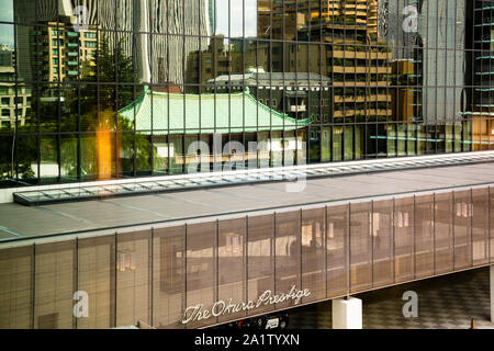 Tokyo skyline in the mirror of the Okura Hotel, Tokyo, Japan Stock Photo