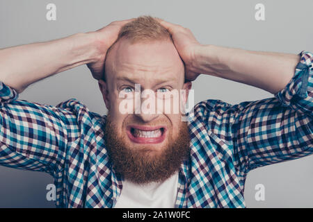 Close up photo of worried face man in style wear isolated on lig Stock Photo