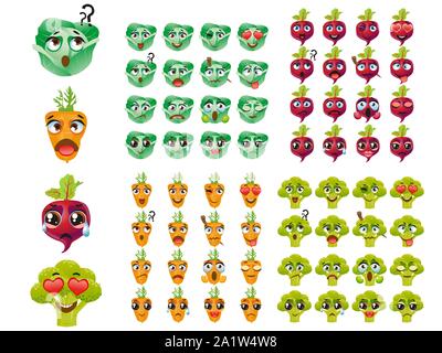 Set of vegetables. Emoji Emoticon Expression. Broccoli, cabbage, carrot, beetroot Stock Vector