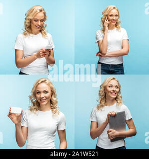collage of blonde smiling businesswoman using smartphone, holding empty business card and laptop isolated on blue Stock Photo