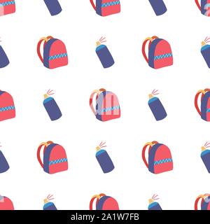 Seamless pattern with backpack and spray paint for fabric design. Abstract concept graphic element. Vector stationery pattern. Stock Vector