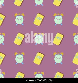 Modern hand drawn seamless pattern with alarm and yellow notebook on violet background. Abstract concept graphic vector element. Stock Vector