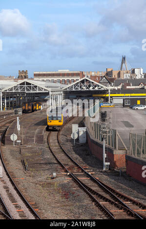 Arriva Northern rail class 142 pacer train + class 150 sprinter departing from Southport railway station Stock Photo