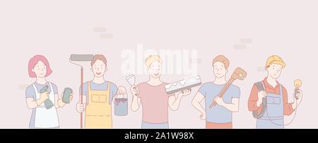 Construction team. Group of repairmen. Cleaning lady, painter, plasterer, plumber, electrician. Hand drawn style vector graphics. Stock Vector