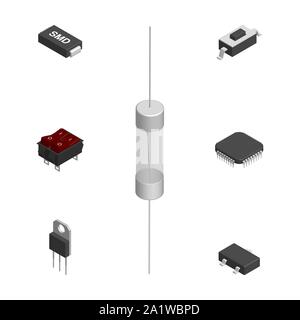 Set of different active and passive electronic components isolated on white background. Resistor, capacitor, diode, microcircuit, fuse and button. 3D Stock Vector