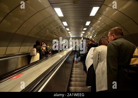 Istanbul, Turkey, March 08, 2019: people on moving stairs, going up and down in metro subway station in Istanbul, Subway under Bosphorus Stock Photo