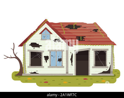 Illustration of an Abandoned House with Broken Door and Windows, Glasses, Roof and Dead Tree Stock Photo