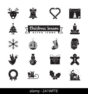 Collection of Christmas Holidays glyph style icons. Festive winter season vector symbols set. Stock Vector
