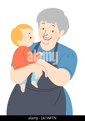 Illustration of a Senior Woman Nanny Carrying a Young Baby Kid Boy Stock Photo