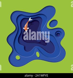 Koi carp swimming in pond high angle view. Papercut style vector illustration. 3d depth illusion with layered cutout cardboard effect. Stock Vector