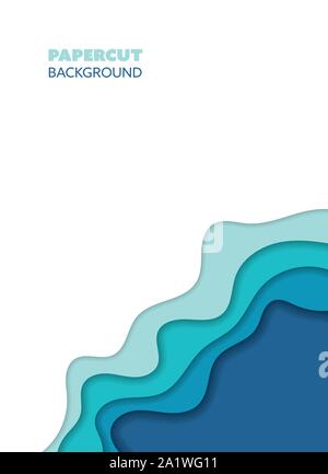 Abstract curvy background, paper cut style with blue waves. Flyer or poster design template Stock Vector