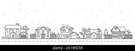 Cute winter village neighborhood vector line art illustration Stock Vector