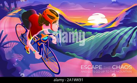 An illustration of a woman riding a bicycle up to the mountain with the sunrise at horizon. Escape the chaos. Stock Vector