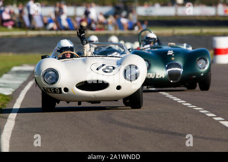 1955 Jaguar D-type driven by Gary Pearson in the Freddie March Memorial Trophy at The Goodwood Revival 14th Sept 2019 in Chichester, England.  Copyrig Stock Photo