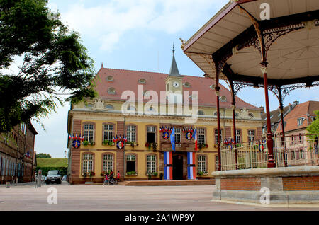 BELFORT, FRANCE, 25 JULY 2016: The Town Hall and Place de Armes in Belfort in the Franche-Comte area of France. Belfort is a large town and popular to Stock Photo