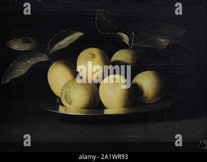 Juan de Zurbaran (1620-1659). Spanish painter. Plate with lemons, ca.1640. San Fernando Royal Academy of Fine Arts. Madrid. Spain. Stock Photo