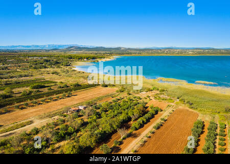 Beautiful nature park Vrana lake (Vransko jezero), Dalmatia, Croatia, aerial shot Stock Photo