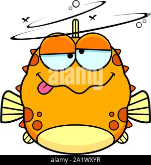 A cartoon illustration of a blowfish looking drunk. Stock Vector