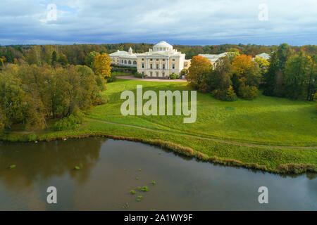 View of the Pavlovsk Palace on a cloudy October day (shooting from a quadrocopter). Saint-Petersburg, Russia Stock Photo