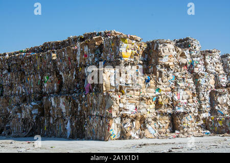 Waste paper is collected and packed for recycling. Cardboard and Paper Recycling Stock Photo