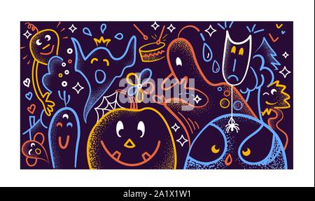 halloween background with funny cartoon ghosts and monsters in linear style Stock Vector
