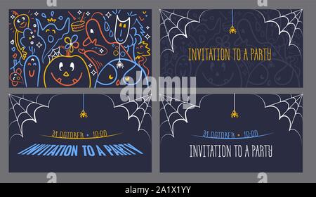 Vector set of Halloween party invitations or greeting cards with funny cartoon ghosts and monsters in linear style Stock Vector