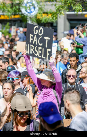 TORONTO, ONTARIO, CANADA - SEPTEMBER 27, 2019:  'Fridays for Future' climate change protest. Thousands of people march with signs. Stock Photo