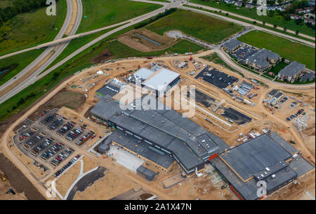 Aerial photograph of the new Verona Area High School, under construction. Opening August, 2020. Verona, Wisconsin, USA. Stock Photo