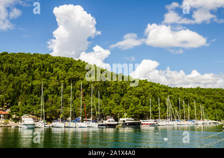 Skradin harbor on the Adriatic coast and Krka river in Croatia. Long wide banner Stock Photo
