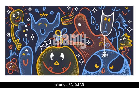 halloween background with funny cartoon ghosts and monsters in linear style Stock Vector