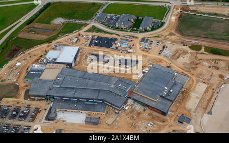 Aerial photograph of the new Verona Area High School, under construction. Opening August, 2020. Verona, Wisconsin, USA. Stock Photo