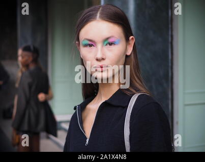 MILAN, Italy: 20 September 2019: Model street style outfit after  Iceberg fashion show during Milan fashion week Spring/Summer 20 Stock Photo