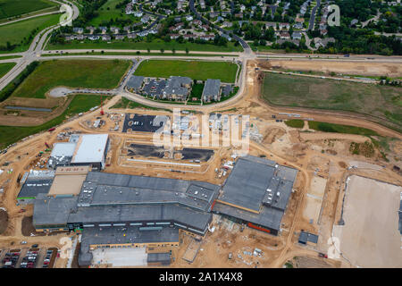 Aerial photograph of the new Verona Area High School, under construction. Opening August, 2020. Verona, Wisconsin, USA. Stock Photo