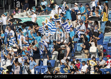 Saitama, Japan. 29th Sep, 2019. Uruguay team supporters cheer during the Rugby World Cup 2019 Pool D match between Georgia and Uruguay at Kumagaya Rugby Stadium, near to Tokyo. Georgia defeats Uruguay 33-7. Credit: Rodrigo Reyes Marin/ZUMA Wire/Alamy Live News Stock Photo